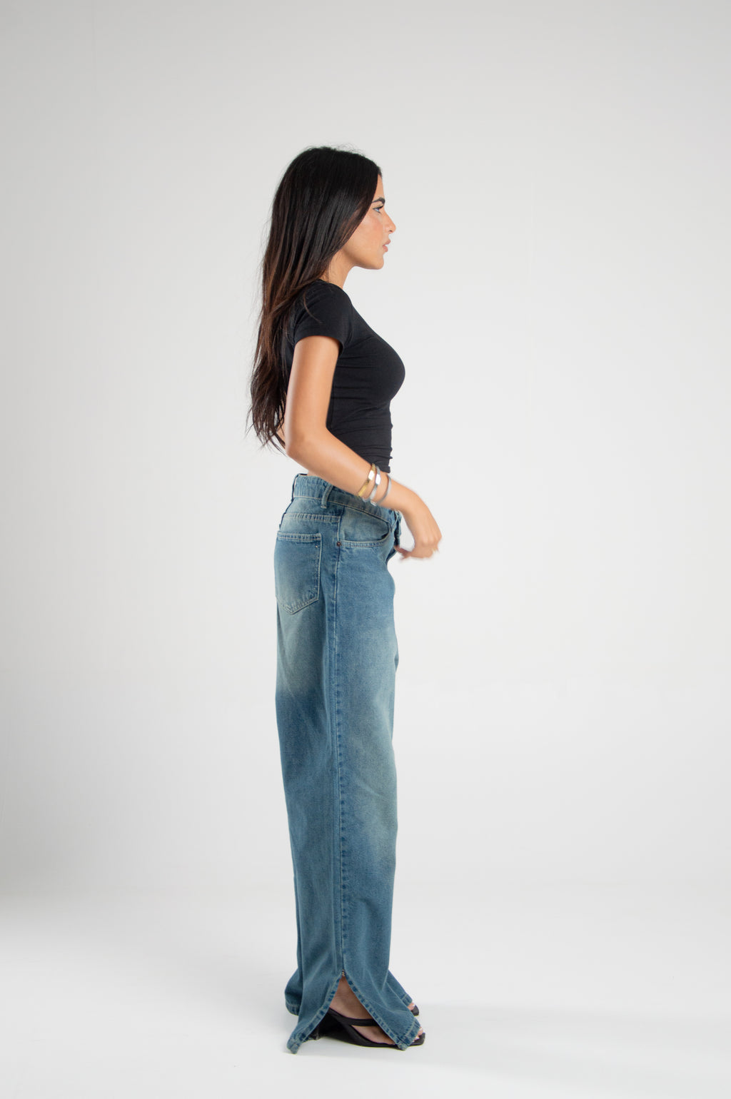 Wide Leg Denim With Slit Hem