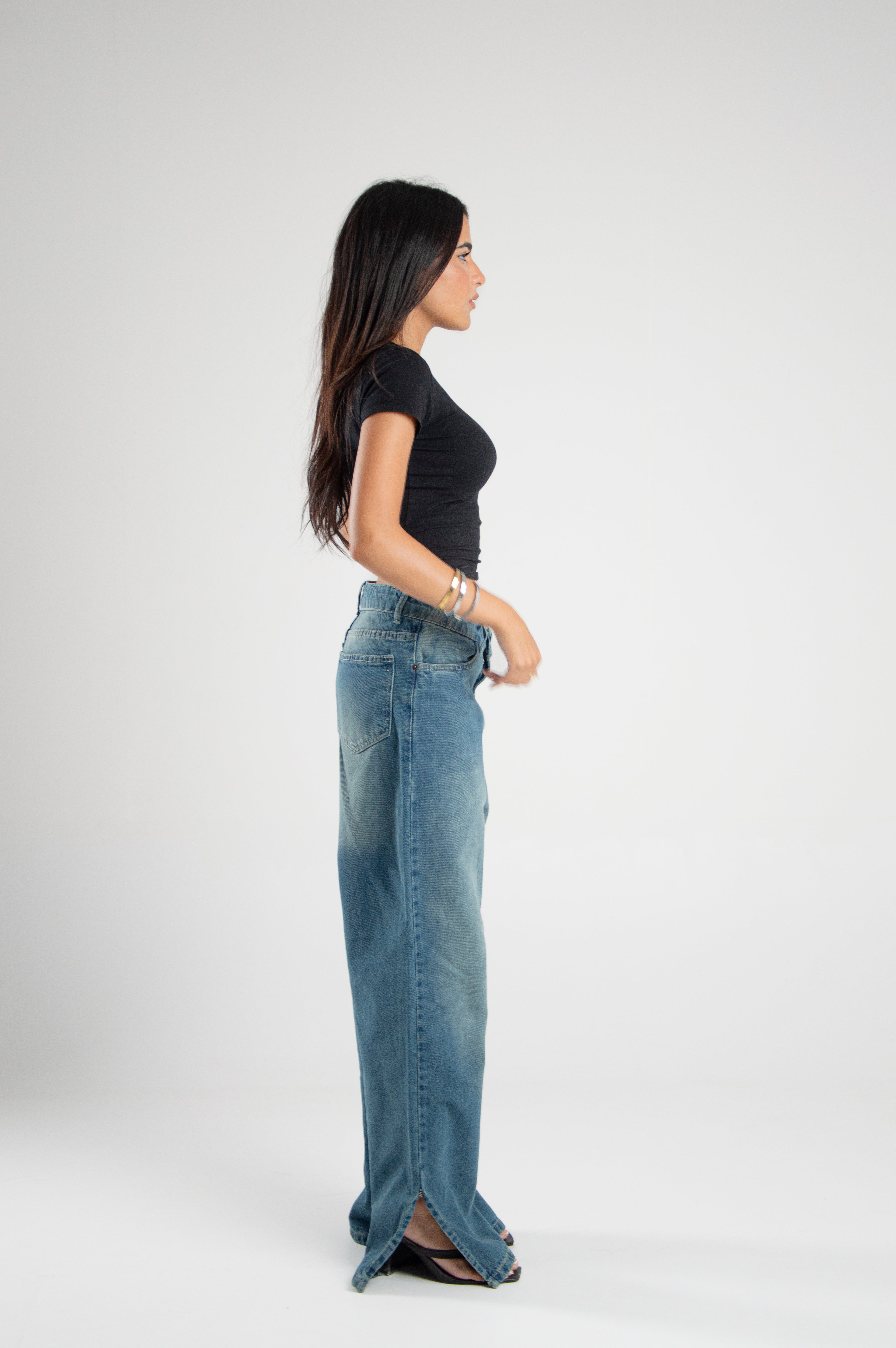 Wide Leg Denim With Slit Hem