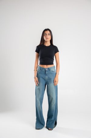 wide Leg Denim With Slit Hem