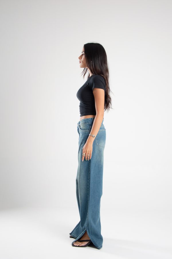 wide Leg Denim With Slit Hem